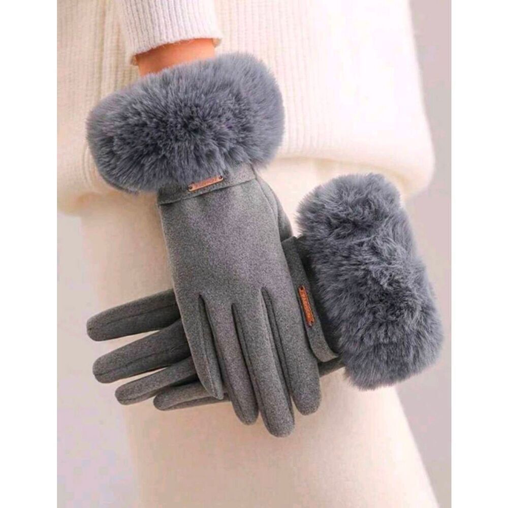 Ladies Grey Fuzzy Winter Gloves - Gray Winter Gloves